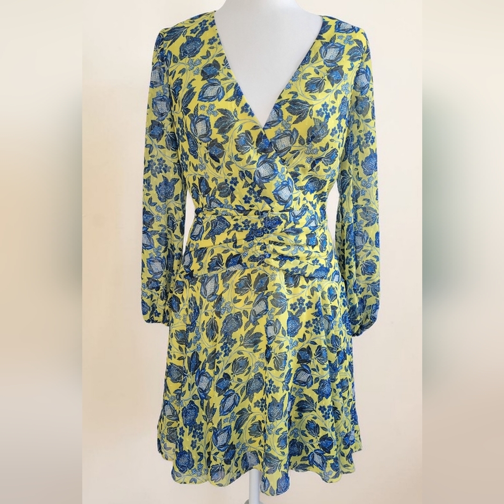 Eliza J Blue And Yellow Floral Long Sleeve Mini Dress, Romantic, Boho, Size 6